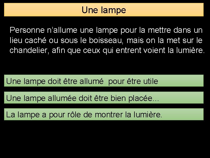 Une lampe Personne n’allume une lampe pour la mettre dans un lieu caché ou Une lampe Personne n’allume une lampe pour la mettre dans un lieu caché ou