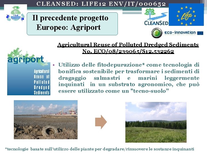 CLEANSED: LIFE 12 ENV/IT/000652 Il precedente progetto Europeo: Agriport Agricultural Reuse of Polluted Dredged