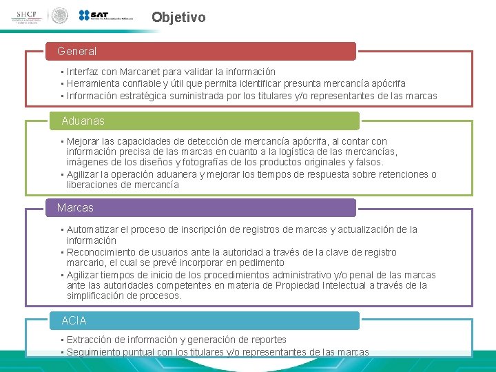 Objetivo General • Interfaz con Marcanet para validar la información • Herramienta confiable y Objetivo General • Interfaz con Marcanet para validar la información • Herramienta confiable y