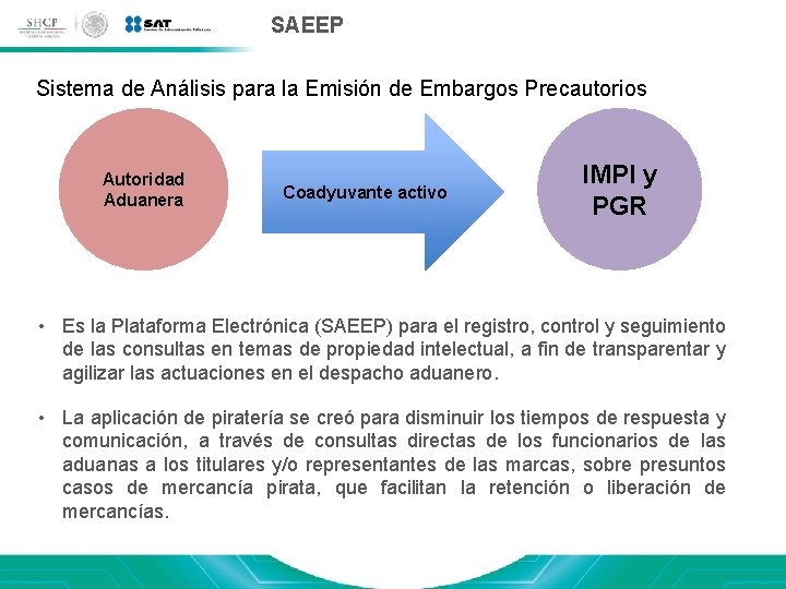 SAEEP Sistema de Análisis para la Emisión de Embargos Precautorios Autoridad Aduanera Coadyuvante activo SAEEP Sistema de Análisis para la Emisión de Embargos Precautorios Autoridad Aduanera Coadyuvante activo