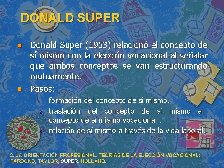 DONALD SUPER n n Donald Super (1953) relacionó el concepto de sí mismo con DONALD SUPER n n Donald Super (1953) relacionó el concepto de sí mismo con