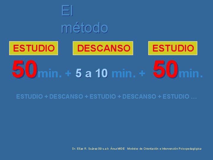 El método ESTUDIO DESCANSO ESTUDIO 50 min. + 5 a 10 min. + 50 El método ESTUDIO DESCANSO ESTUDIO 50 min. + 5 a 10 min. + 50