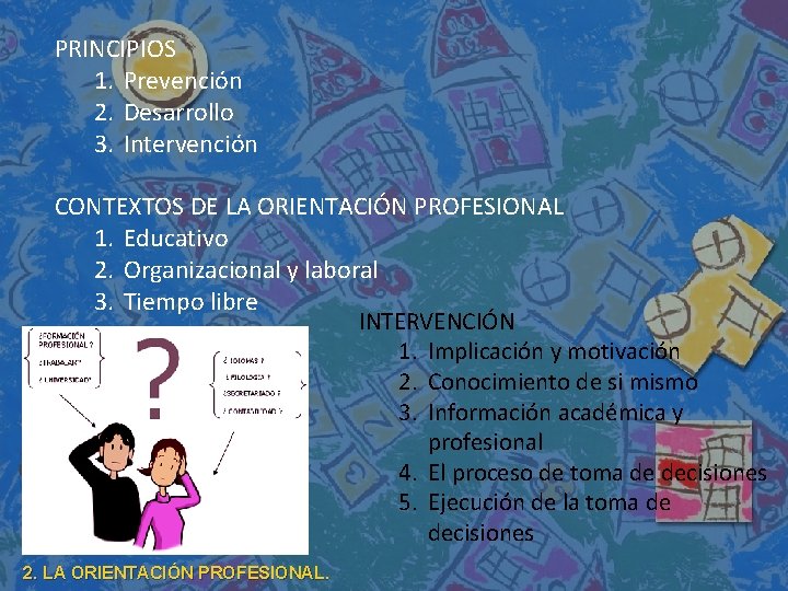 PRINCIPIOS 1. Prevención 2. Desarrollo 3. Intervención CONTEXTOS DE LA ORIENTACIÓN PROFESIONAL 1. Educativo PRINCIPIOS 1. Prevención 2. Desarrollo 3. Intervención CONTEXTOS DE LA ORIENTACIÓN PROFESIONAL 1. Educativo