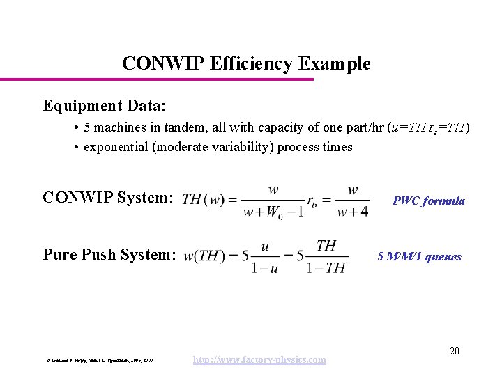 CONWIP Efficiency Example Equipment Data: • 5 machines in tandem, all with capacity of