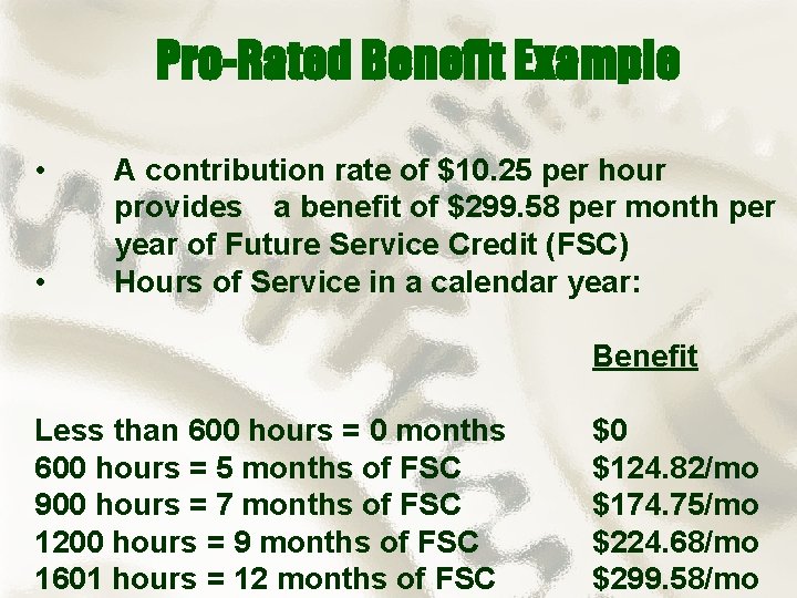 Pro-Rated Benefit Example • • A contribution rate of $10. 25 per hour provides