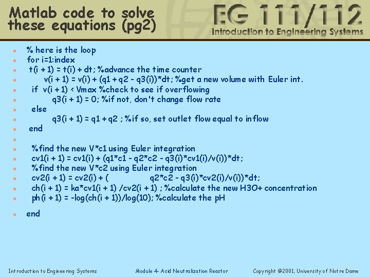 Matlab code to solve these equations (pg 2) n n n n n %