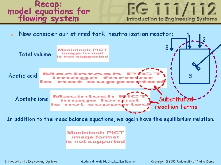 Recap: model equations for flowing system n Now consider our stirred tank, neutralization reactor: