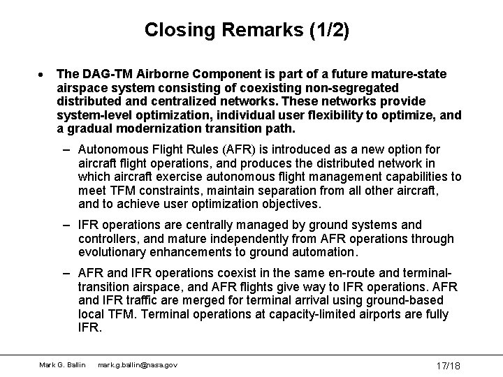Closing Remarks (1/2) · The DAG-TM Airborne Component is part of a future mature-state