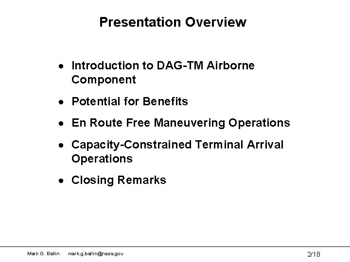 Presentation Overview · Introduction to DAG-TM Airborne Component · Potential for Benefits · En