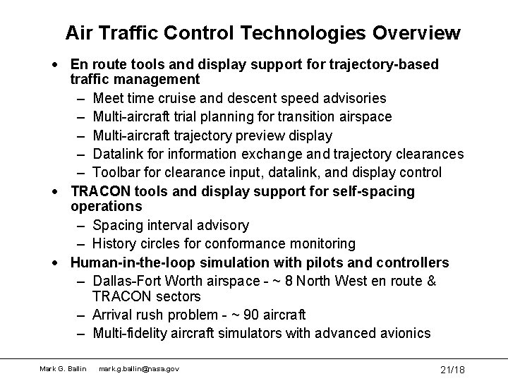 Air Traffic Control Technologies Overview · En route tools and display support for trajectory-based