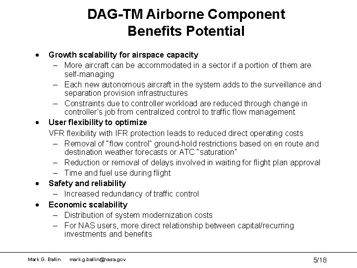 DAG-TM Airborne Component Benefits Potential · · Growth scalability for airspace capacity – More