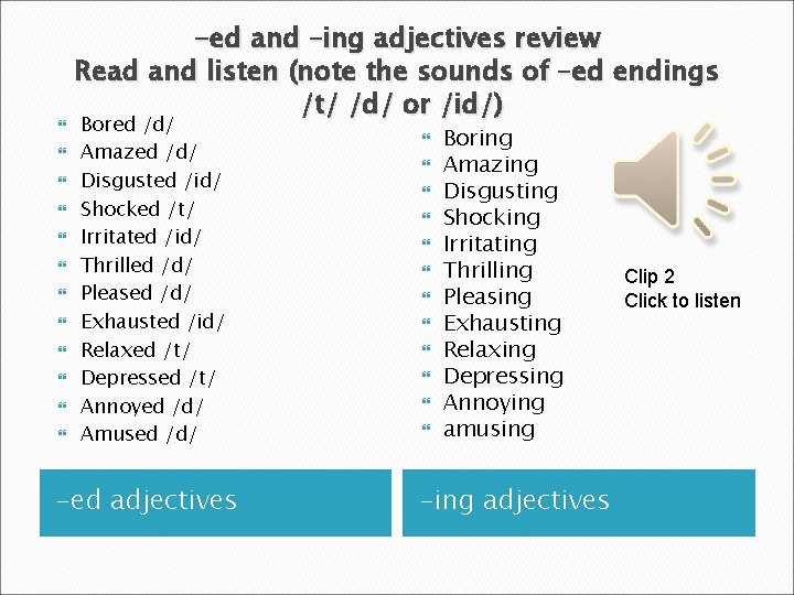 -ed and –ing adjectives review Read and listen (note the sounds of –ed -ed and –ing adjectives review Read and listen (note the sounds of –ed