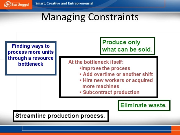 Managing Constraints Finding ways to process more units through a resource bottleneck Produce only