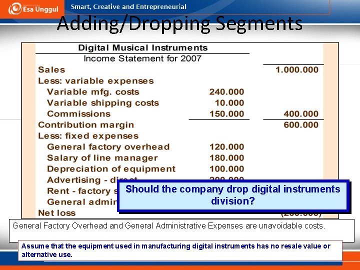 Adding/Dropping Segments Should the company drop digital instruments division? General Factory Overhead and General