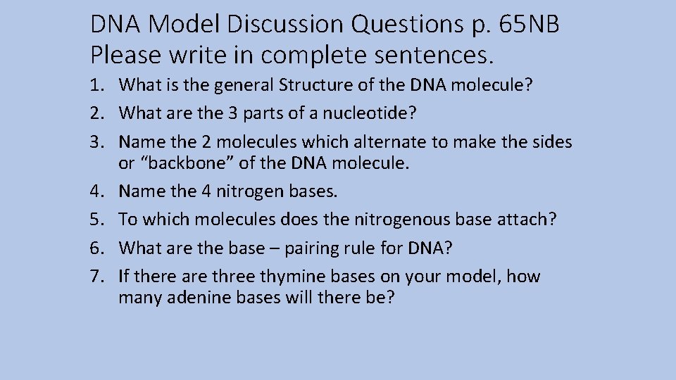 DNA Model Discussion Questions p. 65 NB Please write in complete sentences. 1. What