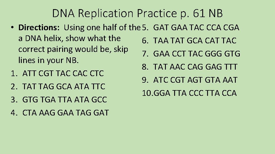 DNA Replication Practice p. 61 NB • Directions: Using one half of the 5.