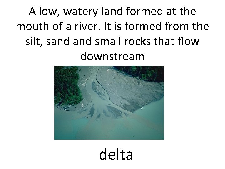 A low, watery land formed at the mouth of a river. It is formed
