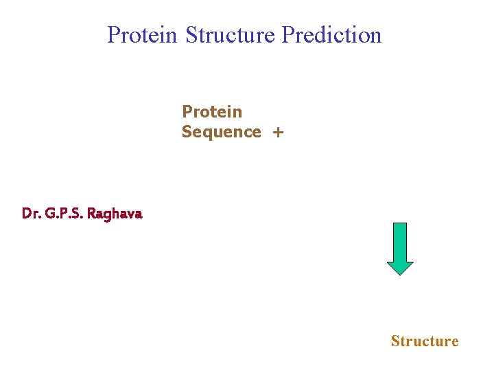 Protein Structure Prediction Protein Sequence + Dr. G. P. S. Raghava Structure 