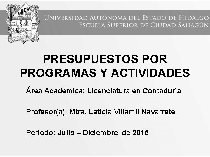 PRESUPUESTOS POR PROGRAMAS Y ACTIVIDADES Área Académica: Licenciatura en Contaduría Profesor(a): Mtra. Leticia Villamil