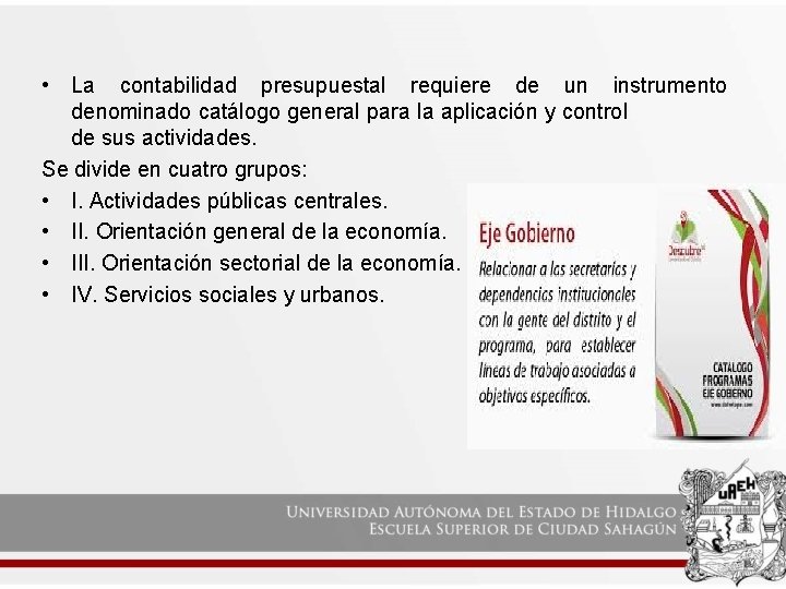  • La contabilidad presupuestal requiere de un instrumento denominado catálogo general para la