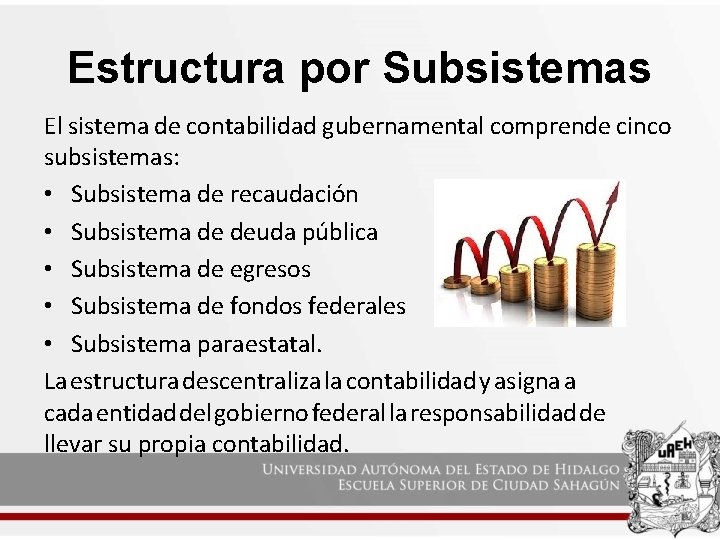 Estructura por Subsistemas El sistema de contabilidad gubernamental comprende cinco subsistemas: • Subsistema de