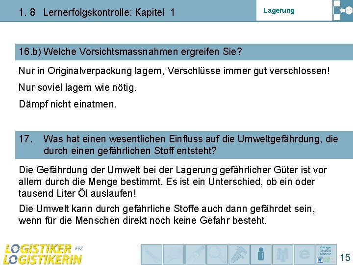1. 8 Lernerfolgskontrolle: Kapitel 1 Lagerung 16. b) Welche Vorsichtsmassnahmen ergreifen Sie? Nur in