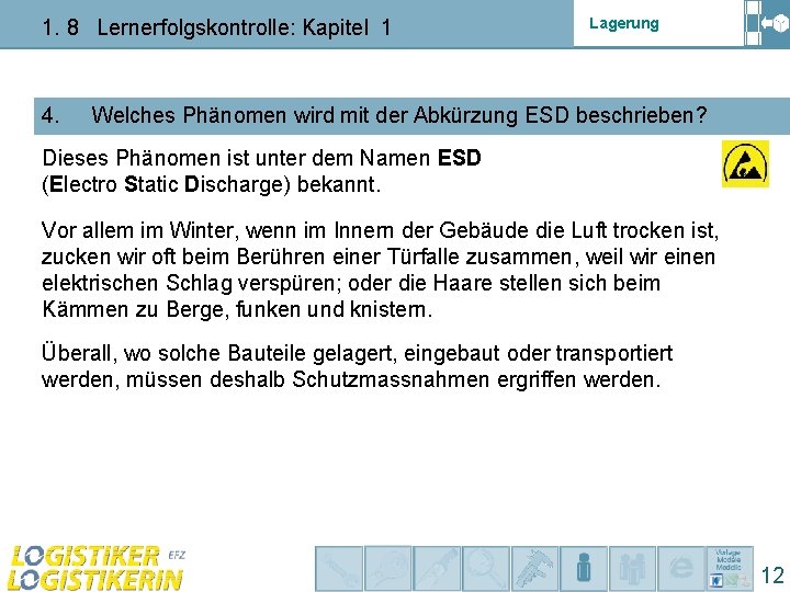 1. 8 Lernerfolgskontrolle: Kapitel 1 4. Lagerung Welches Phänomen wird mit der Abkürzung ESD