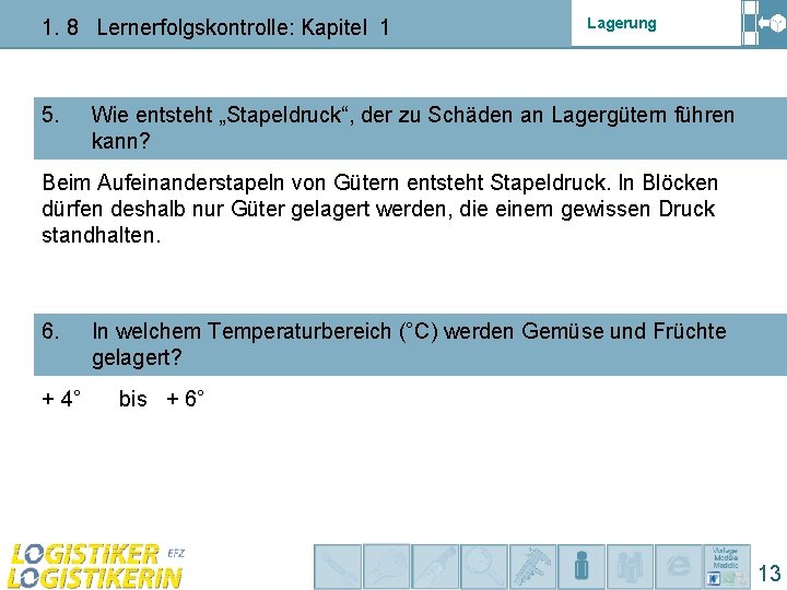 1. 8 Lernerfolgskontrolle: Kapitel 1 5. Lagerung Wie entsteht „Stapeldruck“, der zu Schäden an