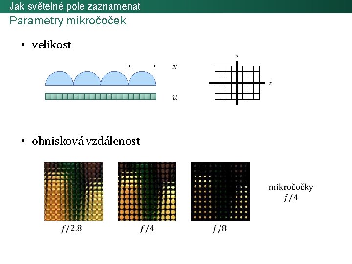 Jak světelné pole zaznamenat Parametry mikročoček • velikost • ohnisková vzdálenost 