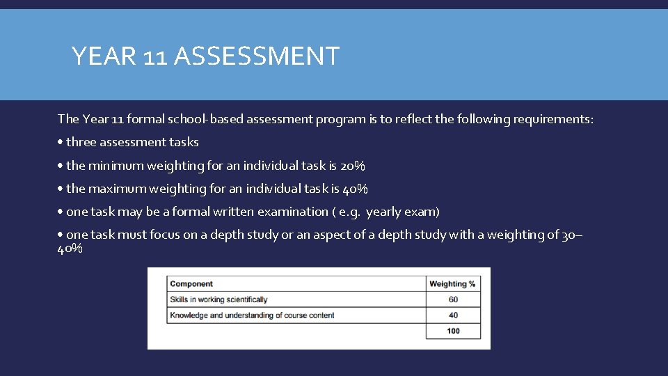 YEAR 11 ASSESSMENT The Year 11 formal school-based assessment program is to reflect the