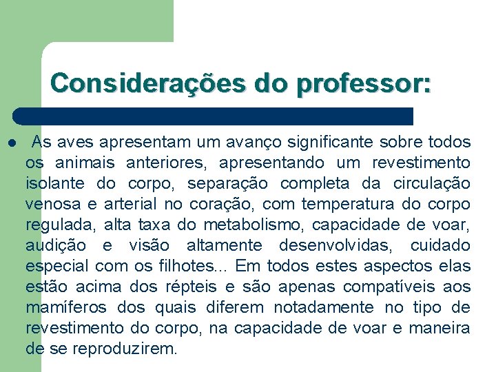 Considerações do professor: l As aves apresentam um avanço significante sobre todos os animais