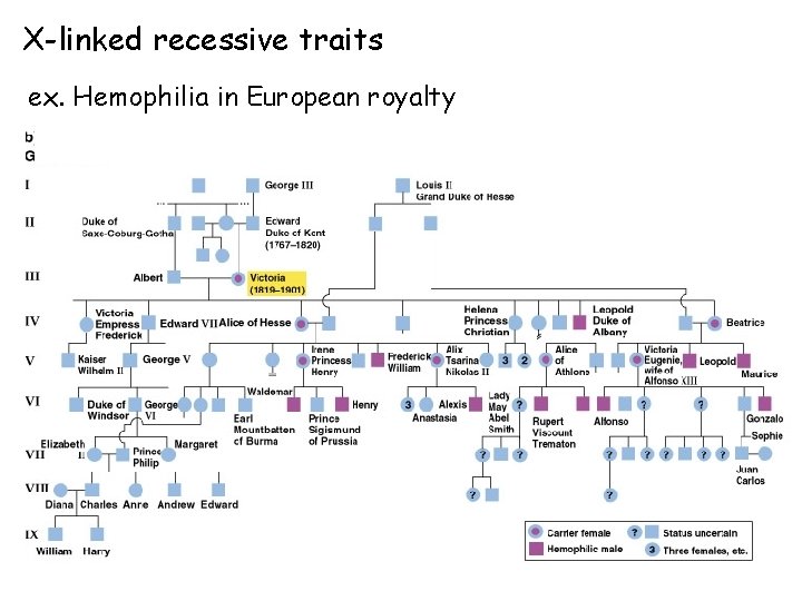 X-linked recessive traits ex. Hemophilia in European royalty 