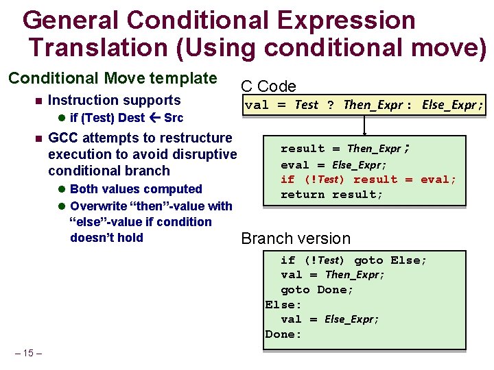 General Conditional Expression Translation (Using conditional move) Conditional Move template Instruction supports if (Test)