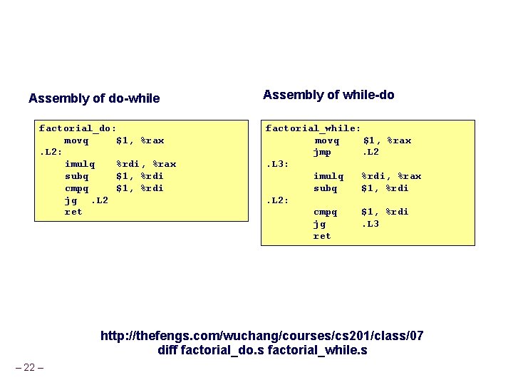 Assembly of do-while factorial_do: movq $1, %rax. L 2: imulq %rdi, %rax subq $1,