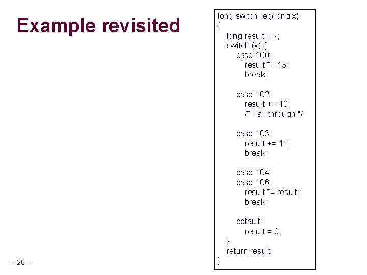 Example revisited long switch_eg(long x) { long result = x; switch (x) { case