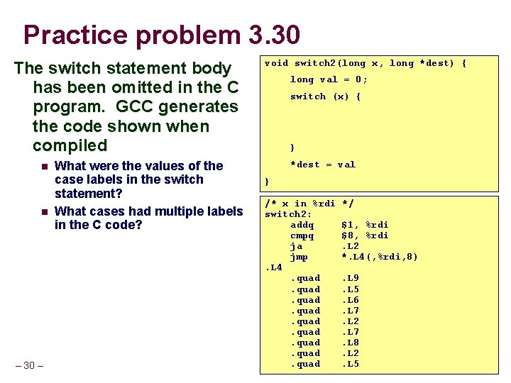 Practice problem 3. 30 The switch statement body has been omitted in the C