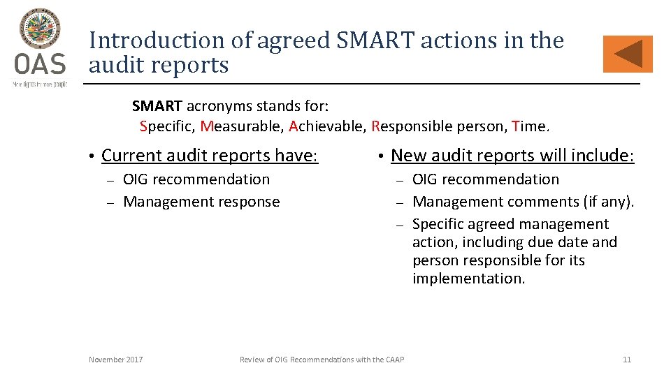 Introduction of agreed SMART actions in the audit reports SMART acronyms stands for: Specific,