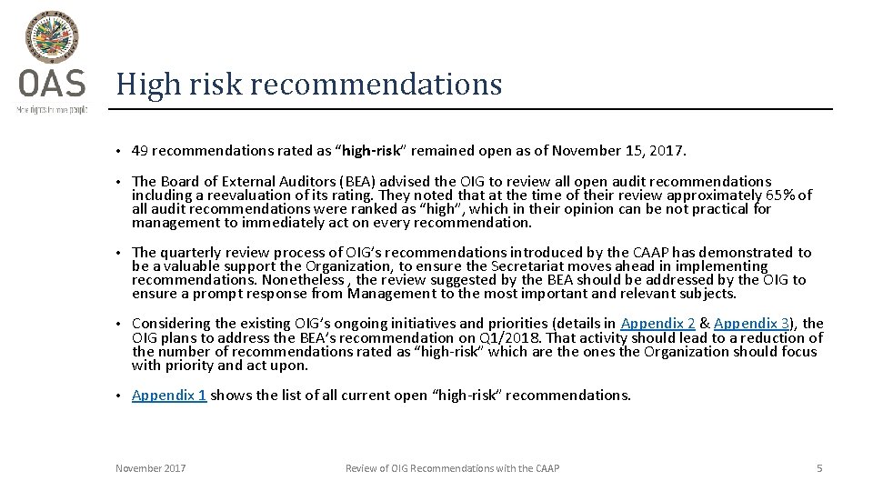 High risk recommendations • 49 recommendations rated as “high-risk” remained open as of November