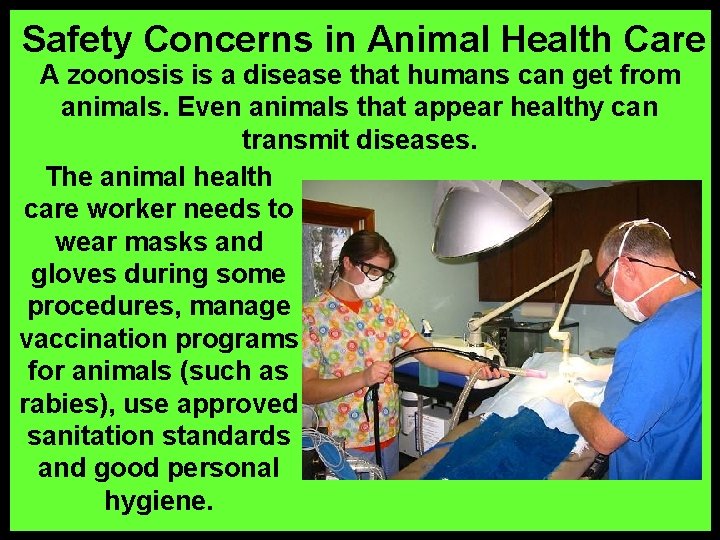 Safety Concerns in Animal Health Care A zoonosis is a disease that humans can