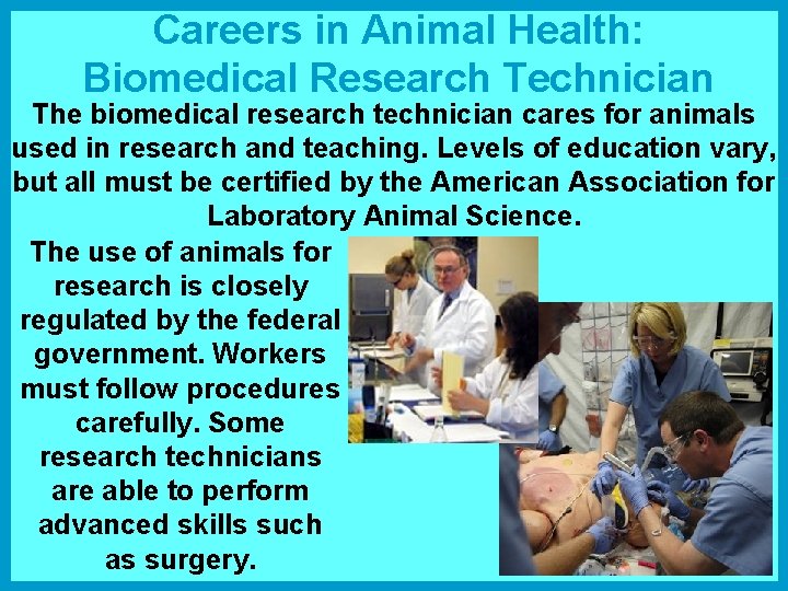 Careers in Animal Health: Biomedical Research Technician The biomedical research technician cares for animals