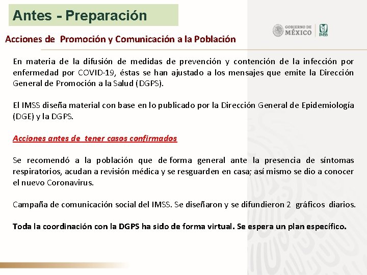 Antes - Preparación Acciones de Promoción y Comunicación a la Población En materia de