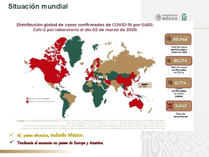 Situación mundial ü 65 países afectados, incluido México. ü Tendencia al aumento en países