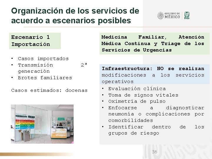 Organización de los servicios de acuerdo a escenarios posibles Escenario 1 Importación • Casos