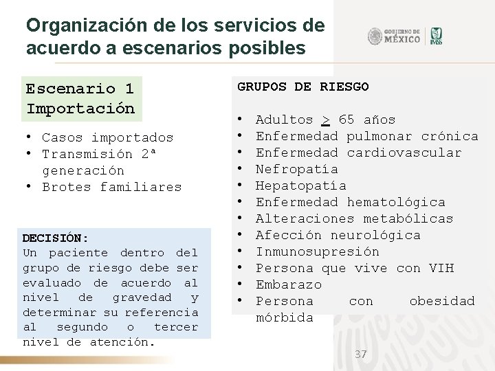 Organización de los servicios de acuerdo a escenarios posibles Escenario 1 Importación • Casos