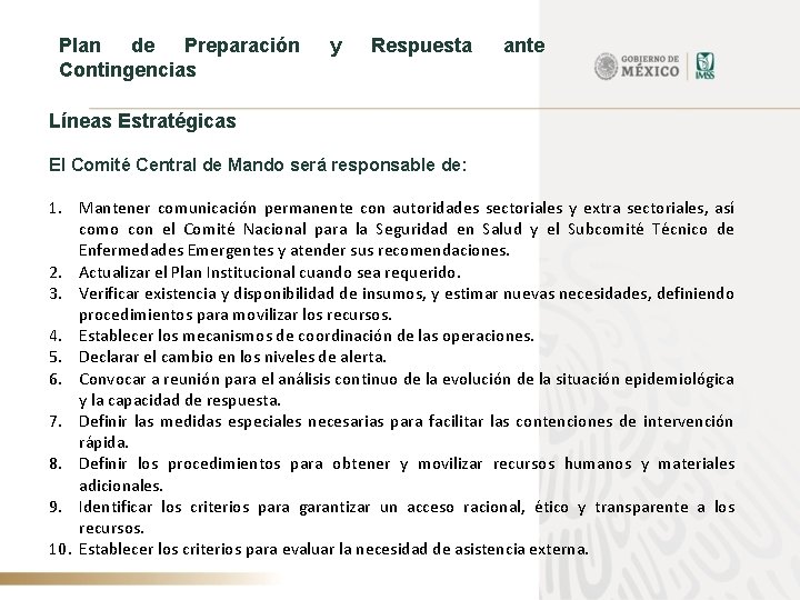 Plan de Preparación Contingencias y Respuesta ante Líneas Estratégicas El Comité Central de Mando