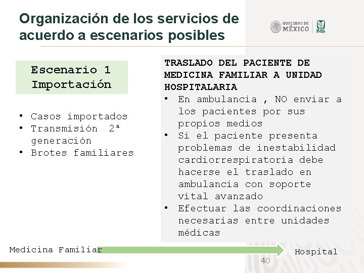 Organización de los servicios de acuerdo a escenarios posibles Escenario 1 Importación • Casos