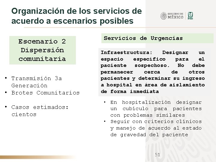Organización de los servicios de acuerdo a escenarios posibles Escenario 2 Dispersión comunitaria •