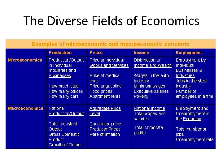 The Diverse Fields of Economics Examples of microeconomic and macroeconomic concerns Production Prices Income