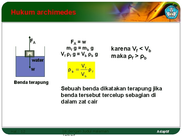 Hukum archimedes FA water FA = w mf g = mb g V f