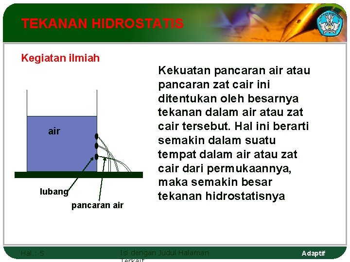 TEKANAN HIDROSTATIS Kegiatan ilmiah air lubang pancaran air Hal. : 5 Kekuatan pancaran air